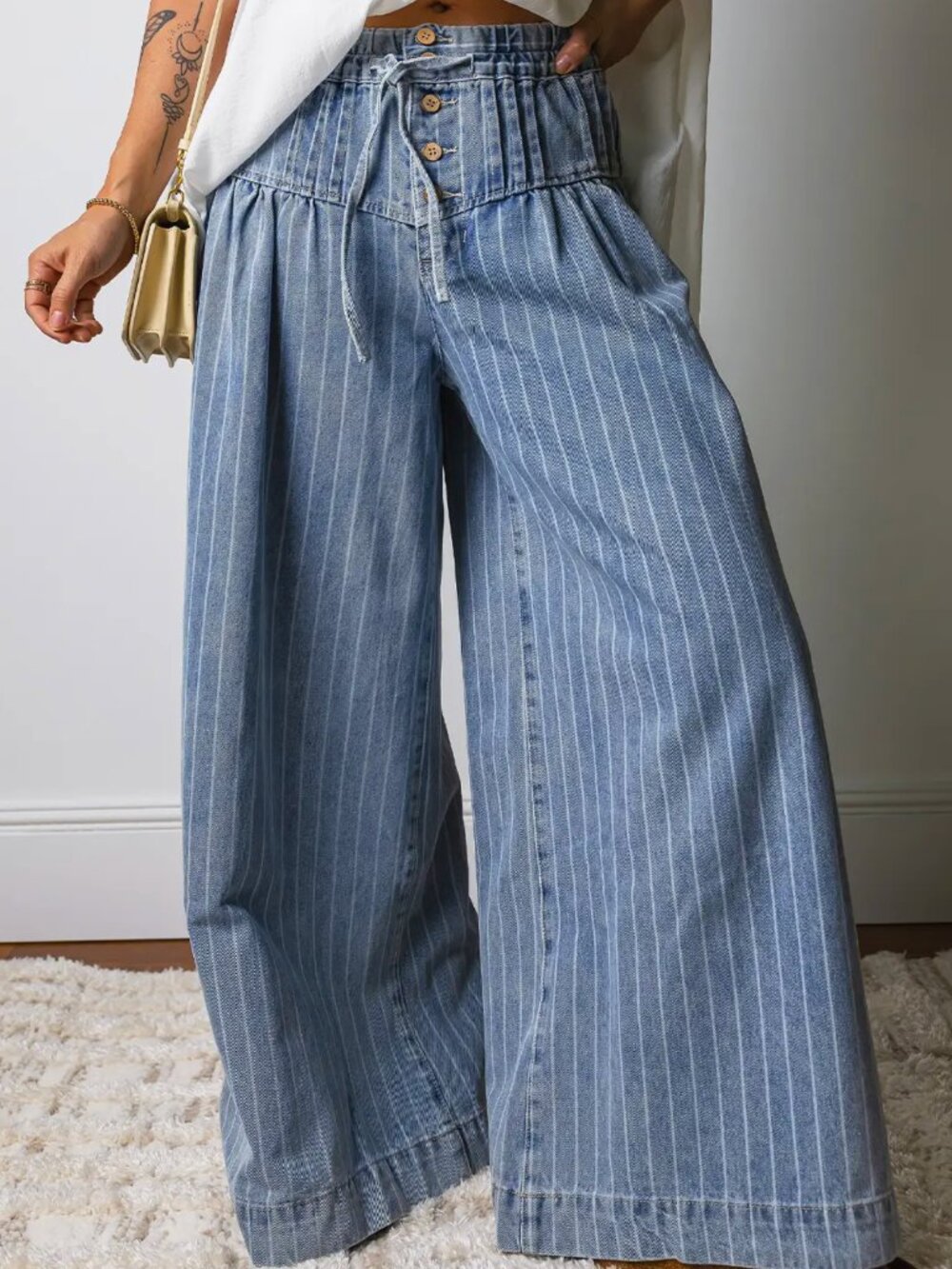 Stripe Button Pleated Drawstring Waist Wide Leg Jeans